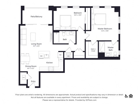 Floor plan for 2 beds, 2 baths, 1147 sqft